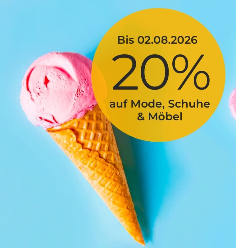 Bis 02.08.2026 20 % auf Mode, Schuhe & Möbel – rosa Eiswaffel vor blauem Hintergrund