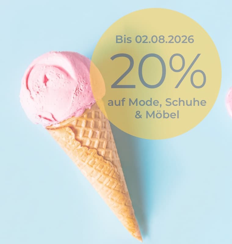 Bis 02.08.2026 20 % auf Mode, Schuhe & Möbel – rosa Eiswaffel vor blauem Hintergrund