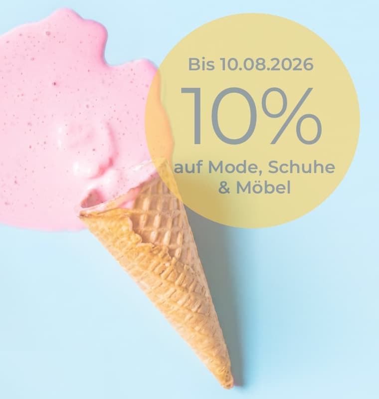 Bis 10.08.2026 10 % auf Mode, Schuhe & Möbel – umgekipptes Waffeleis mit rosa Eiscreme auf blauem Hintergrund