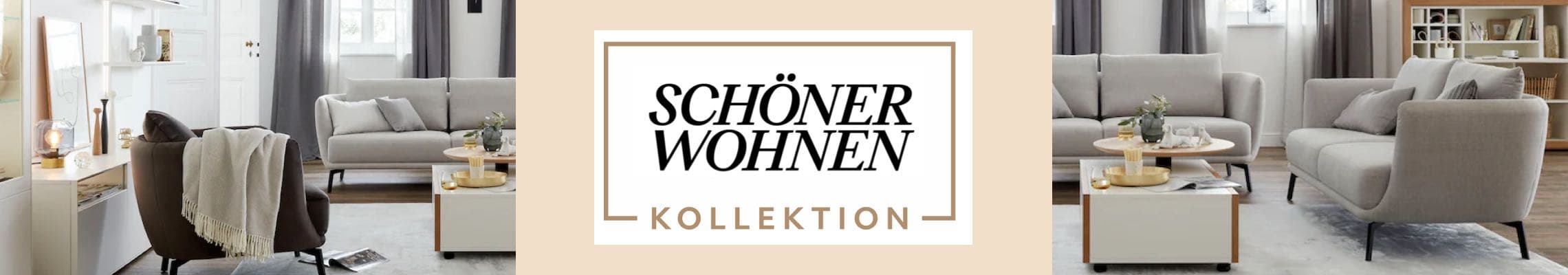 Schöner Wohnen Kollektion – helles Wohnzimmer mit zwei Sofas, Sesseln, Couchtisch und Regal im Hintergrund