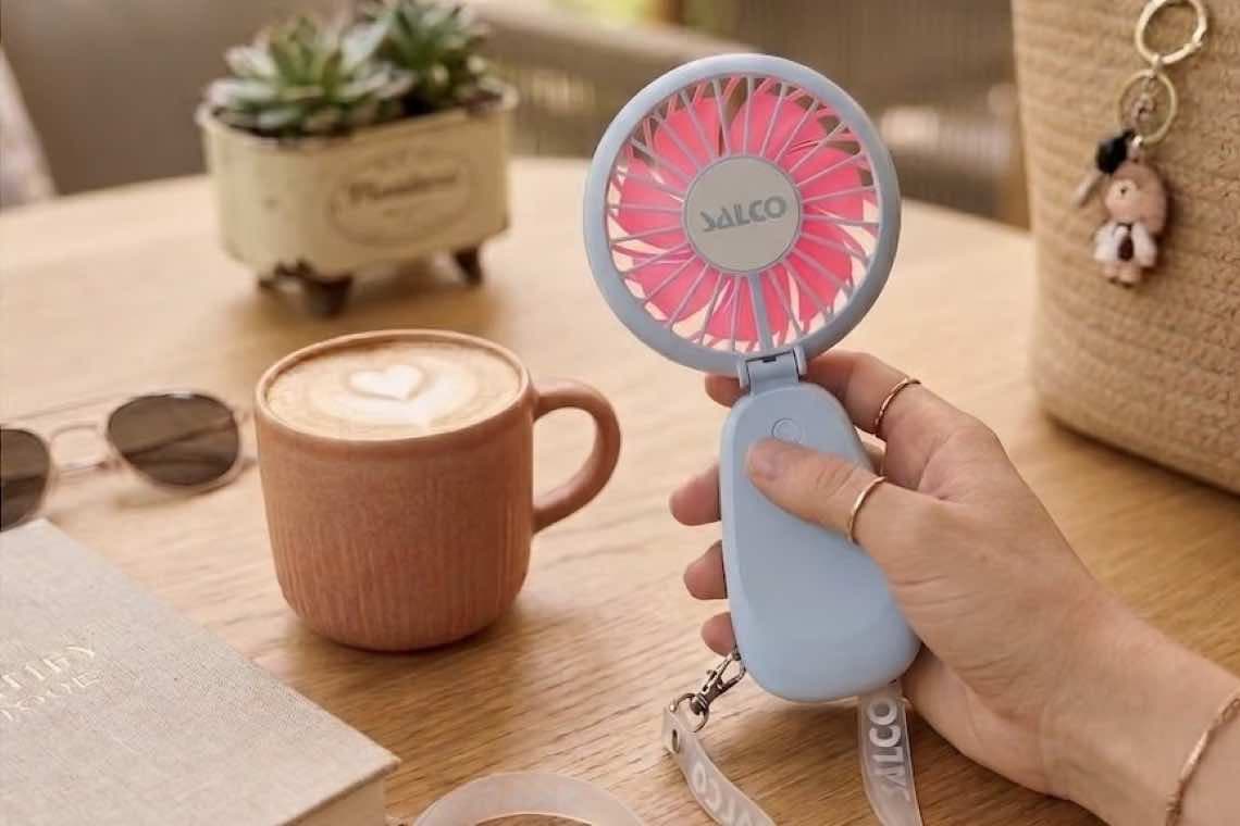 Hand hält kleinen Tischventilator neben Cappuccino mit Herz im Schaum, Sonnenbrille, Buch und Pflanze auf Holztisch