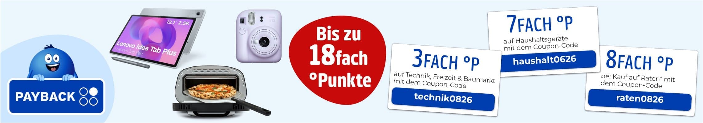 Bis zu 18fach Punkte – Payback-Aktion mit Tablet, Kamera, Mini-Ofen und Coupons für 3fach, 7fach und 8fach Punkte