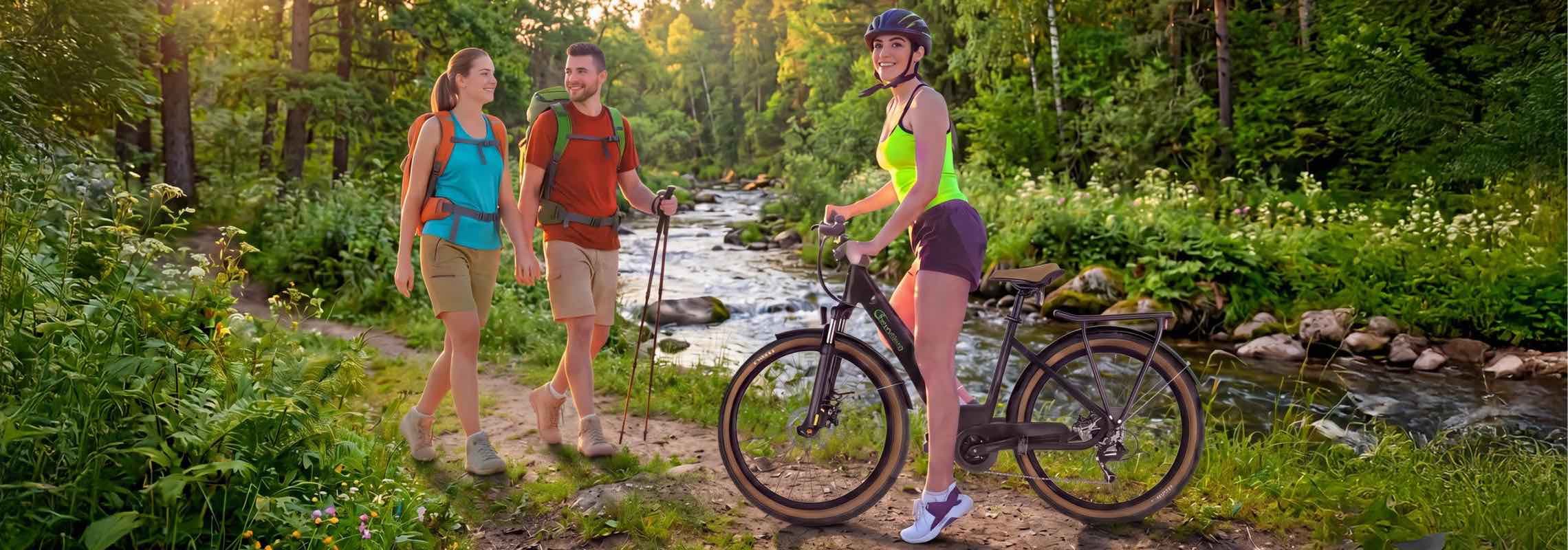 Frau mit Fahrradhelm steht mit E-Bike am Fluss, im Hintergrund zwei Wandernde auf Waldweg