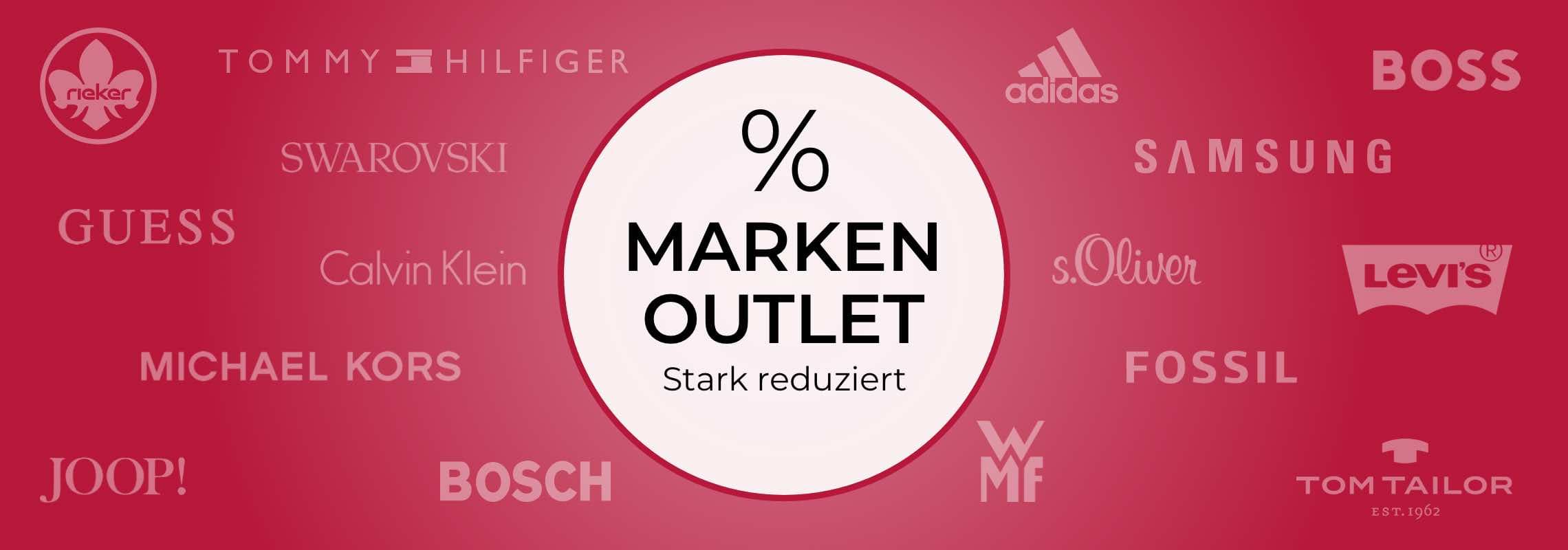 % Marken Outlet – Stark reduziert, umgeben von Logos bekannter Marken wie Adidas, Boss, Guess und Levi’s