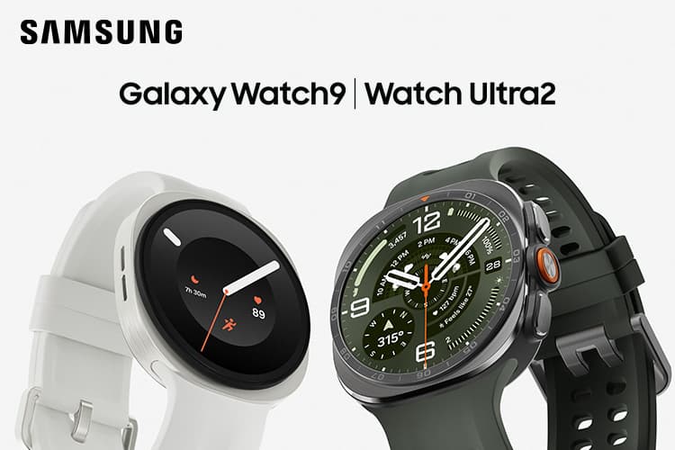 Galaxy Watch9 und Watch Ultra2 – zwei Smartwatches, links rundes weißes Modell, rechts robustes dunkles Modell
