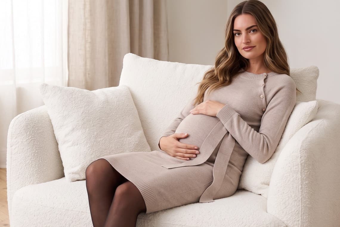Schwangere Frau im beigefarbenen Kleid sitzt auf einem weißen Sofa und hält ihre Hände auf den Babybauch
