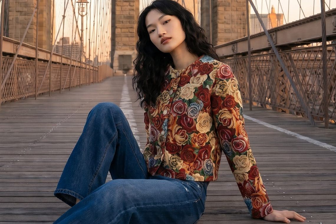 Frau sitzt auf einer Brücke und trägt bunte Jacke mit Rosenmuster und weite Jeans