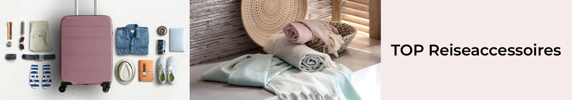 Rosa Rollkoffer von oben, umgeben von Reiseutensilien wie Kamera, Kleidung, Schuhen, Hut, Sandalen und Notizbuch