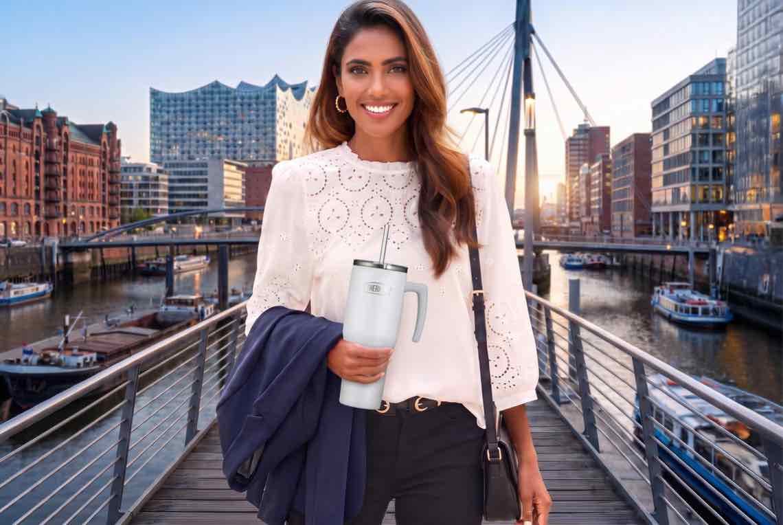 Frau auf Brücke in der Stadt hält großen Thermobecher mit Henkel und Strohhalm in der Hand