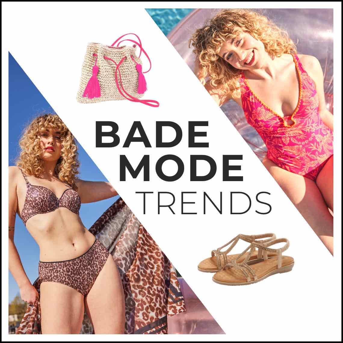 Bademodetrends – zwei Frauen in Leo-Bikini und orange gemustertem Badeanzug posieren vor einem Pool