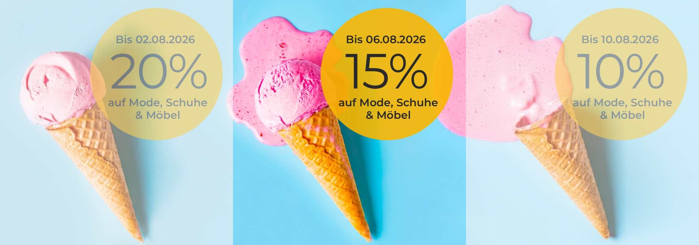 03.08.2026 bis 06.08.2026 15 % auf Mode, Schuhe & Möbel – schmelzendes Erdbeereis in Waffel auf hellblauem Hintergrund
