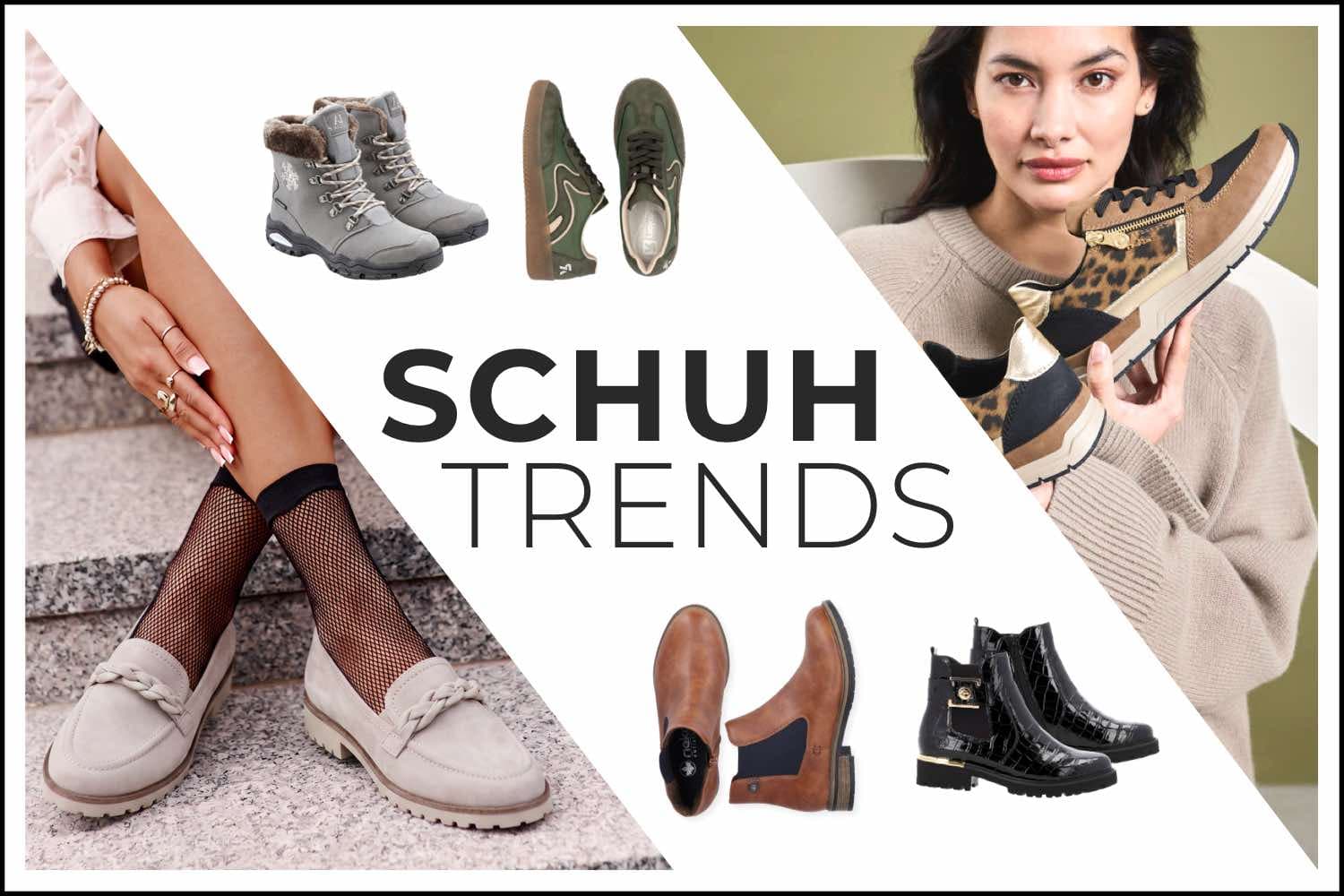 Schuhtrends – Frau präsentiert Sneaker, daneben Loafer, Stiefel, Schnürschuhe und Boots in einer Mode-Collage