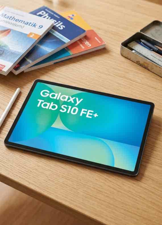 Galaxy Tab S10 FE+ auf Schreibtisch, daneben Stift, Schulhefte und ein offenes Etui mit Stiften