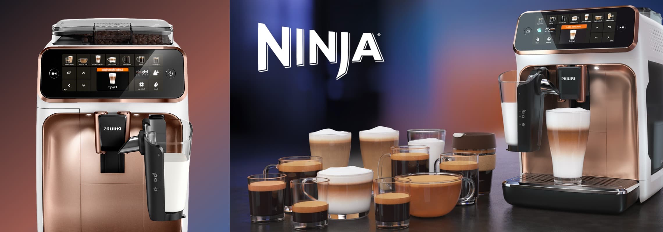 Kaffeevollautomat mit Display, daneben mehrere Gläser mit Espresso, Cappuccino und Latte Macchiato auf dunkler Fläche