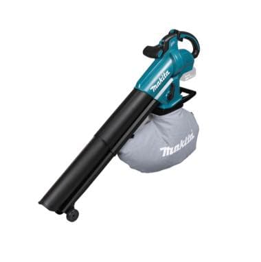Blau-schwarzer Laubsauger mit langem Saugrohr, Rollen und grauem Fangsack mit Makita-Schriftzug