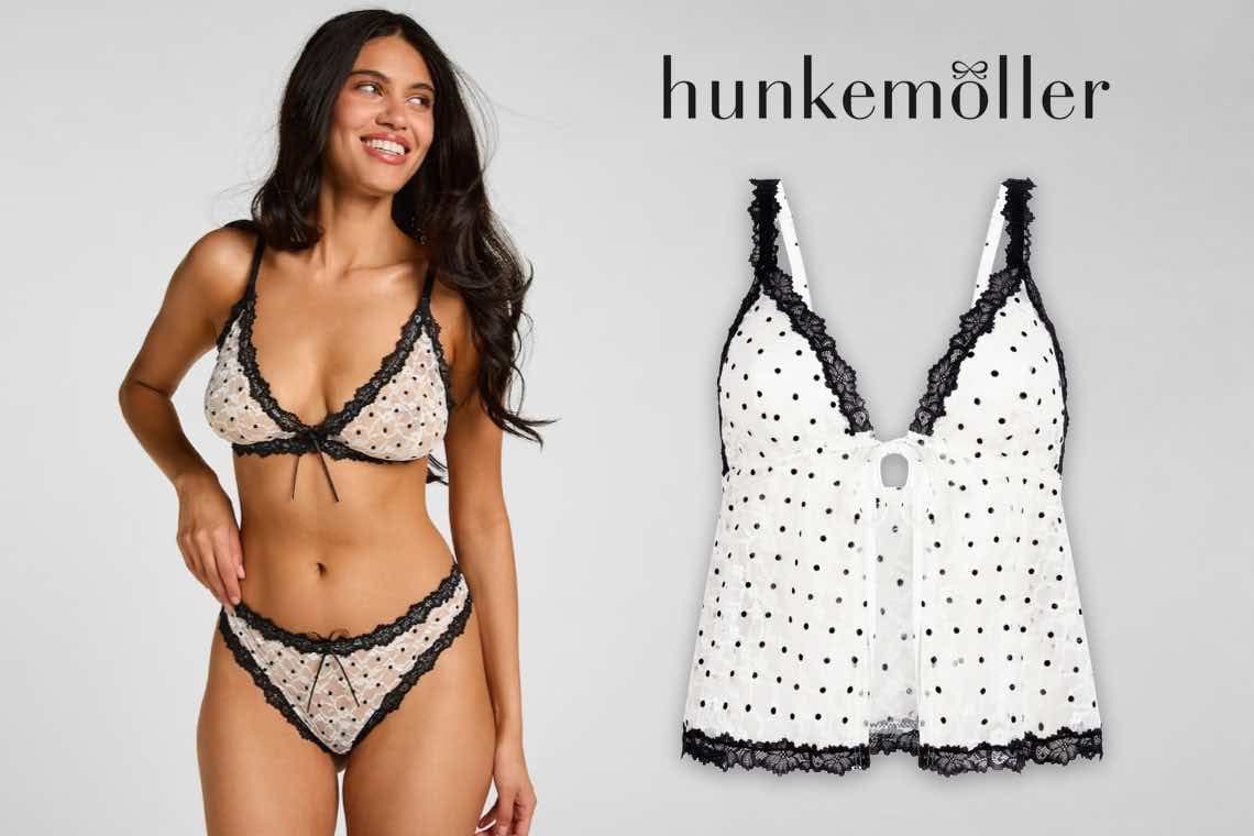 Hunkemöller – Frau in gepunktetem BH und Slip, daneben passendes gepunktetes Babydoll von vorn auf grauem Hintergrund