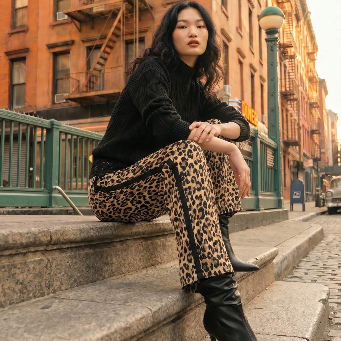 Frau in schwarzem Pullover und Leopardenhose sitzt auf Steintreppe vor U-Bahn-Eingang in einer Stadtstraße