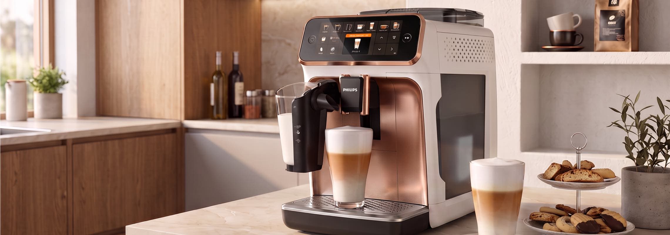 Kaffeevollautomat auf Küchenarbeitsplatte bereitet Latte Macchiato zu, daneben weiteres Glas und Etagere mit Keksen