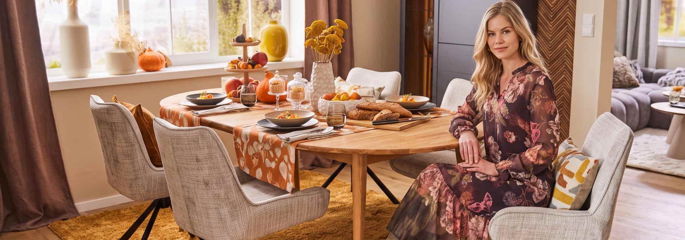 Frau im geblümten Kleid sitzt an herbstlich gedecktem Esstisch mit Kürbissen, Brot, Obst und Schalen auf Läufern