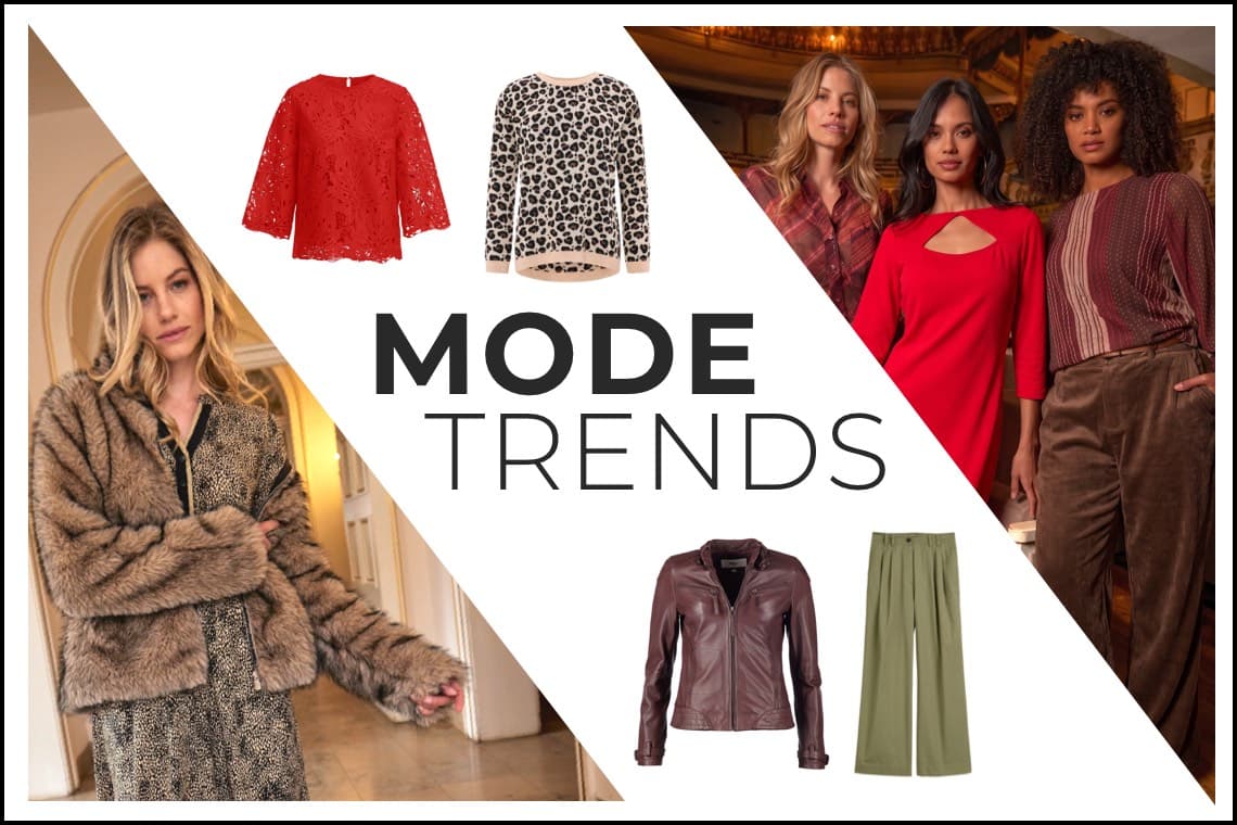 MODE TRENDS – Frauen in herbstlichen Outfits, umgeben von roten, gemusterten Oberteilen, Lederjacke und grüner Hose