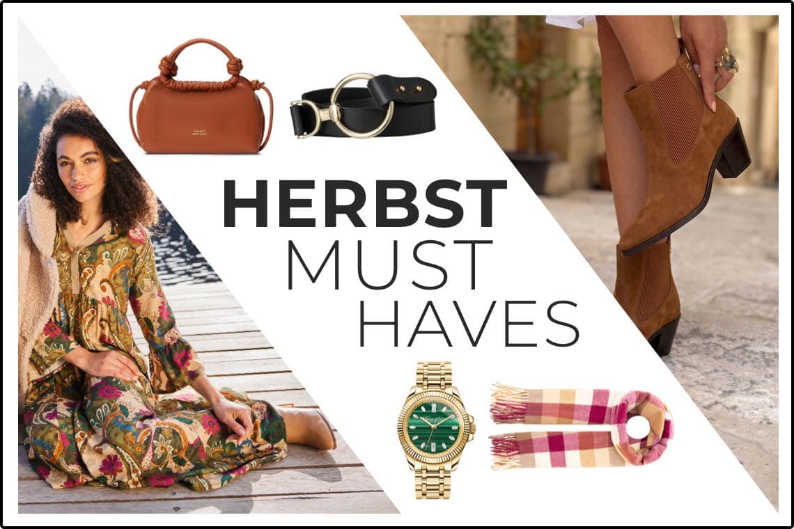 HERBST MUST HAVES – Frau im bunten Maxikleid am Steg, braune Stiefeletten, Tasche, Gürtel, Uhr und Schal als Herbstlook