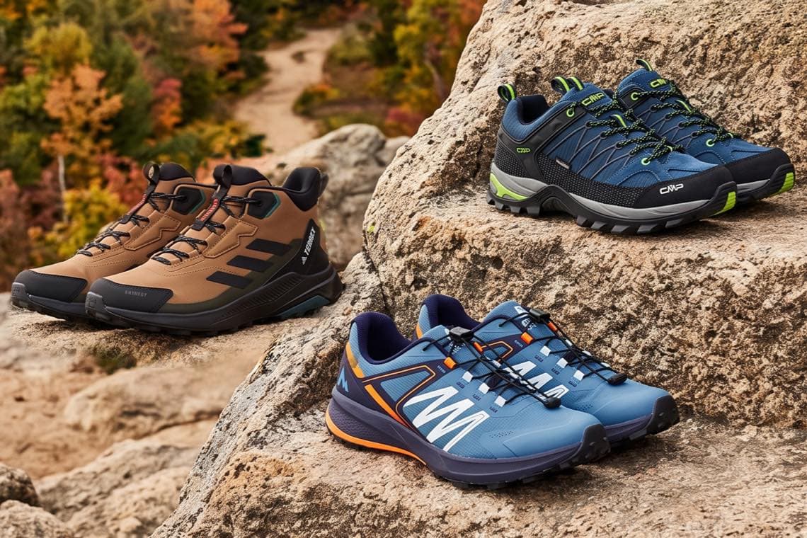Drei Paar Outdoor-Schuhe auf Felsen, dahinter herbstliche Landschaft mit bunten Bäumen