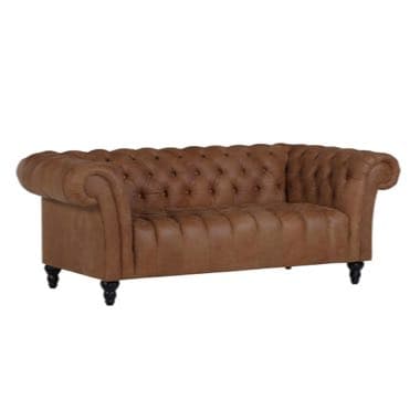 Braunes Chesterfield-Sofa mit tiefen Knopfsteppungen und gerollten Armlehnen auf dunklen, gedrehten Füßen