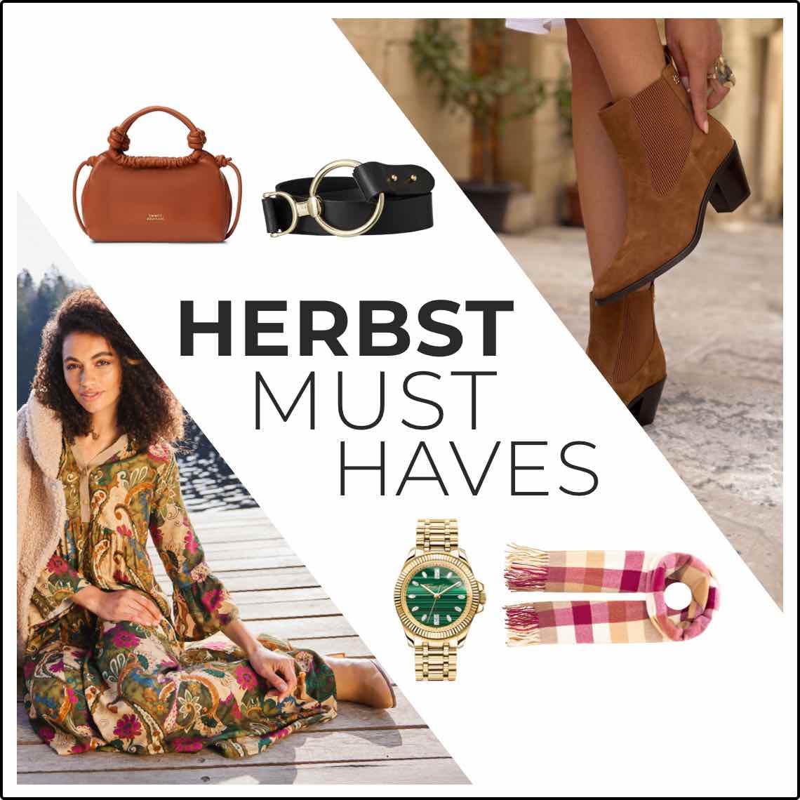 HERBST MUST HAVES – Frau im gemusterten Kleid am Steg, dazu Tasche, Gürtel, Stiefeletten, Uhr und Schal