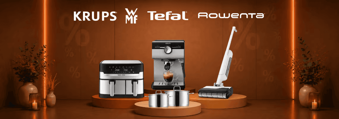 Krups, WMF, Tefal, Rowenta – Airfryer, Espressomaschine, Töpfe und Akku-Staubsauger auf beleuchteten Podesten