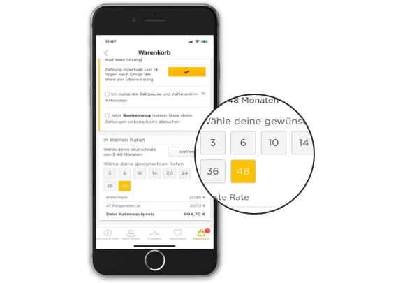 Wähle deine gewünschte Rate – Smartphone zeigt Warenkorbseite mit Ratenoptionen von 3 bis 48 Monaten, 48 Monate ausgewählt