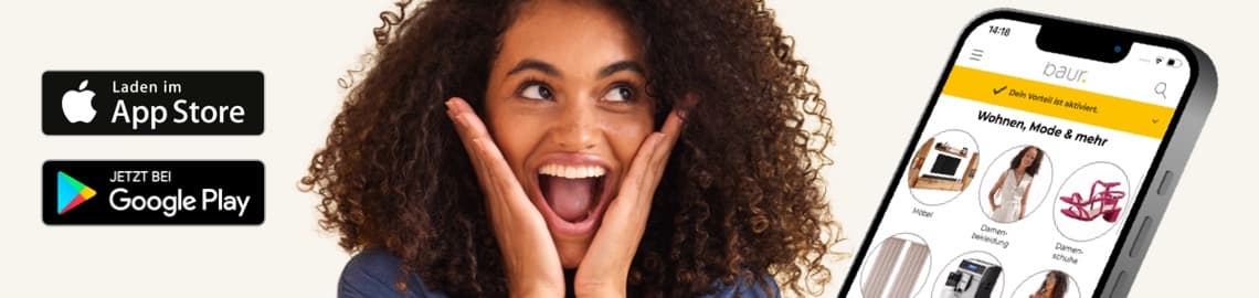 App für Wohnen, Mode und mehr, präsentiert auf einem Smartphone neben den Download-Optionen für App Store und Google Play.