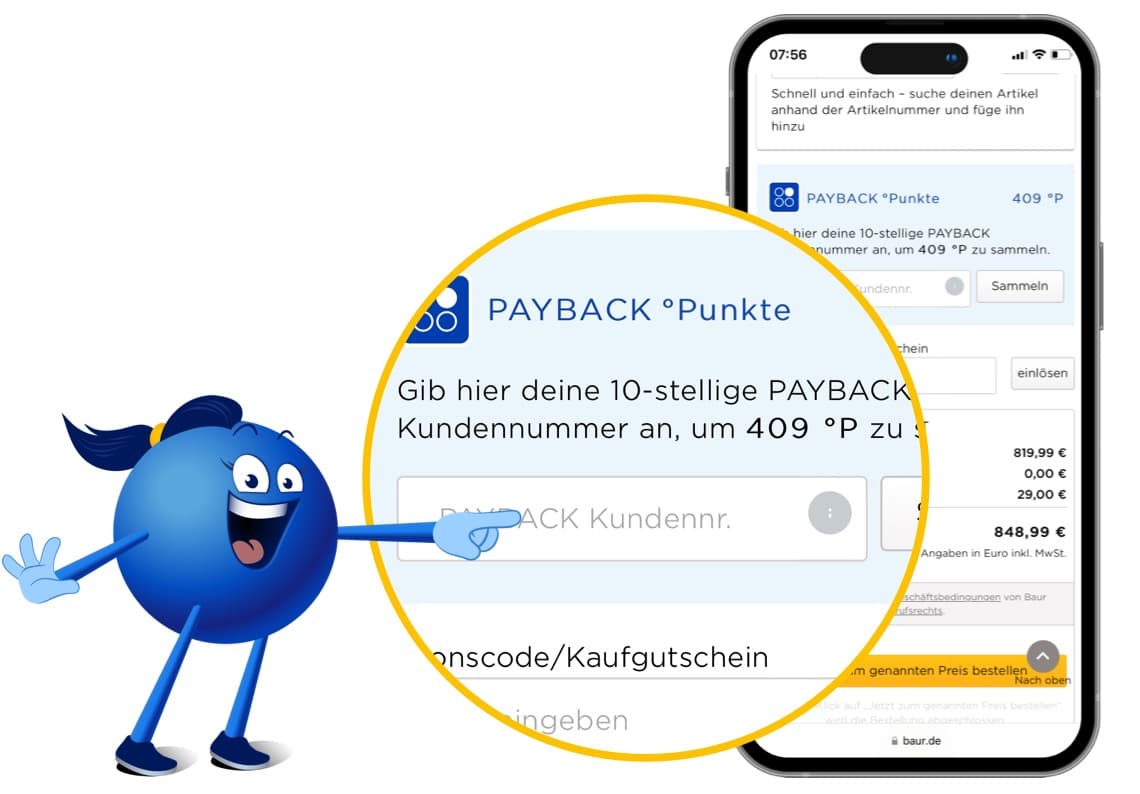 PAYBACK Pointi zeigt auf Lupenansicht Smartphone-Screen mit Text: Gib hier deine 10-stellige PAYBACK Kundennummer an!