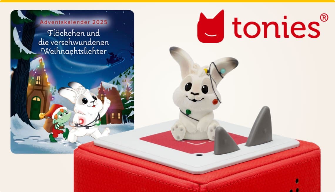 Adventskalender 2025 Flöckchen und die verschwundenen Weihnachtslichter – Tonie-Figur Hase auf roter Toniebox