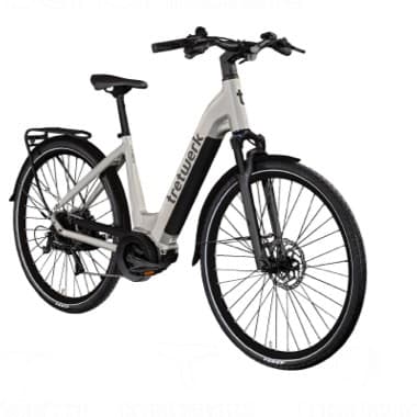 Hellgraues E-Bike mit schwarzem Lenker und schwarzen Reifen, Markenschriftzug "Telewerk" am Rahmen, ausgestattet mit Gepäckträger und Schutzblechen