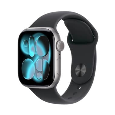 Smartwatch mit schwarzem Armband und leuchtendem Display mit blauen Formen