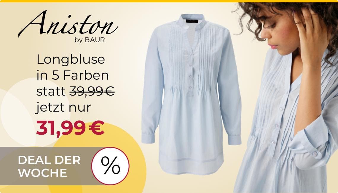 Longbluse in 5 Farben statt 39,99€ jetzt nur 31,99€ – Deal der Woche, Frau in hellblauer Bluse berührt ihr Gesicht