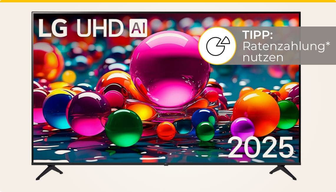TIPP: Ratenzahlung* nutzen – LG UHD AI TV mit bunten Kugeln auf dem Bildschirm, Zahl 2025 in der Ecke