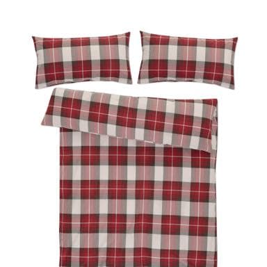 Bettwäsche-Set mit rot-weiß-schwarzem Karomuster, bestehend aus einem Bezug und zwei Kissenbezügen