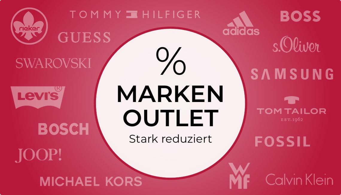 % Marken Outlet – Stark reduziert. Markenlogos: Rieker, Tommy Hilfiger, Guess, Adidas, Boss, s.Oliver, Samsung, Levi's, Tom Tailor, Fossil, Bosch, Swarovski, Joop!, Michael Kors, WMF, Calvin Klein.