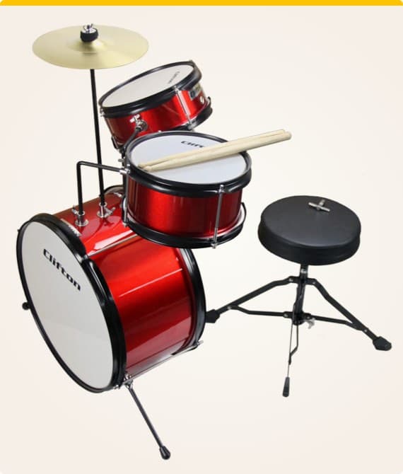 Clifton Schlagzeug-Set in Rot mit Hocker, drei Trommeln, Becken und zwei Drumsticks