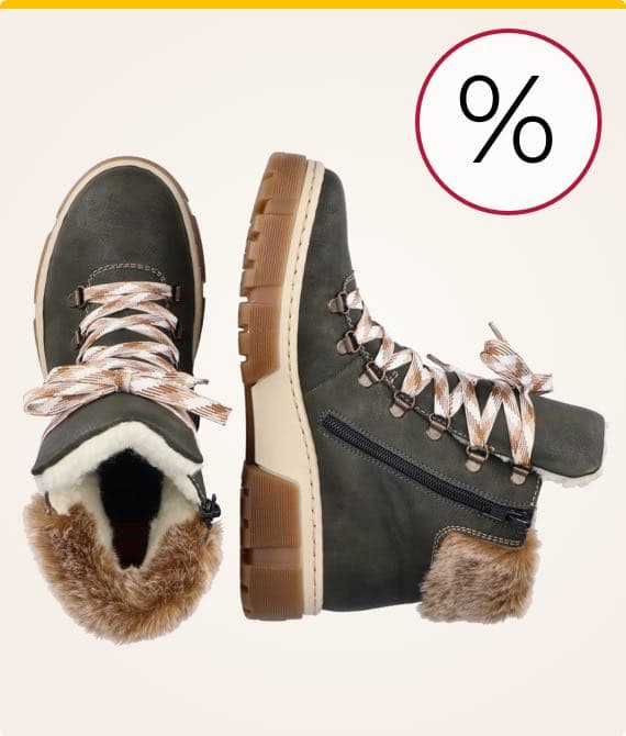 Prozentzeichen – Zwei dunkelgrüne Stiefel mit heller Sohle und warmem Fellfutter, einer seitlich und einer von oben sichtbar