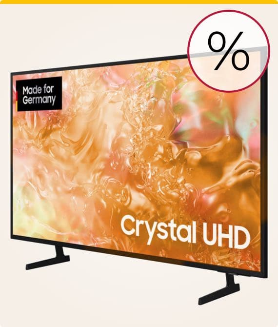 Prozentzeichen – Made for Germany Crystal UHD Fernseher mit abstraktem, buntem Display auf hellem Hintergrund