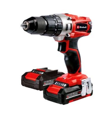 Rot-schwarzer Akkuschrauber von Einhell mit zwei Akkus auf weißem Hintergrund