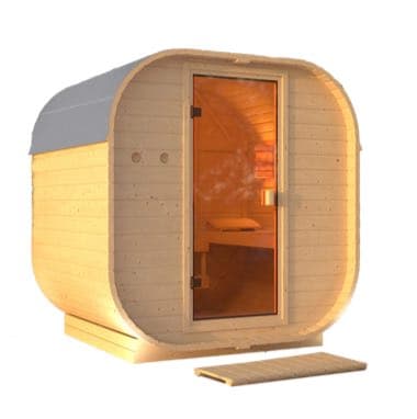 Holz-Sauna mit Glasfront und geöffneter Tür, Innenraum beleuchtet, rechteckige Form mit abgerundeten Ecken, herausnehmbares Podest