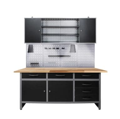 Schwarze Werkbank mit Schubladen, Hängeschrank und Lochwand für Werkzeuge