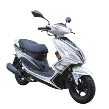 Weißer Motorroller mit schwarzem Sitz und modernem Design, Seitenansicht, auf weißem Hintergrund