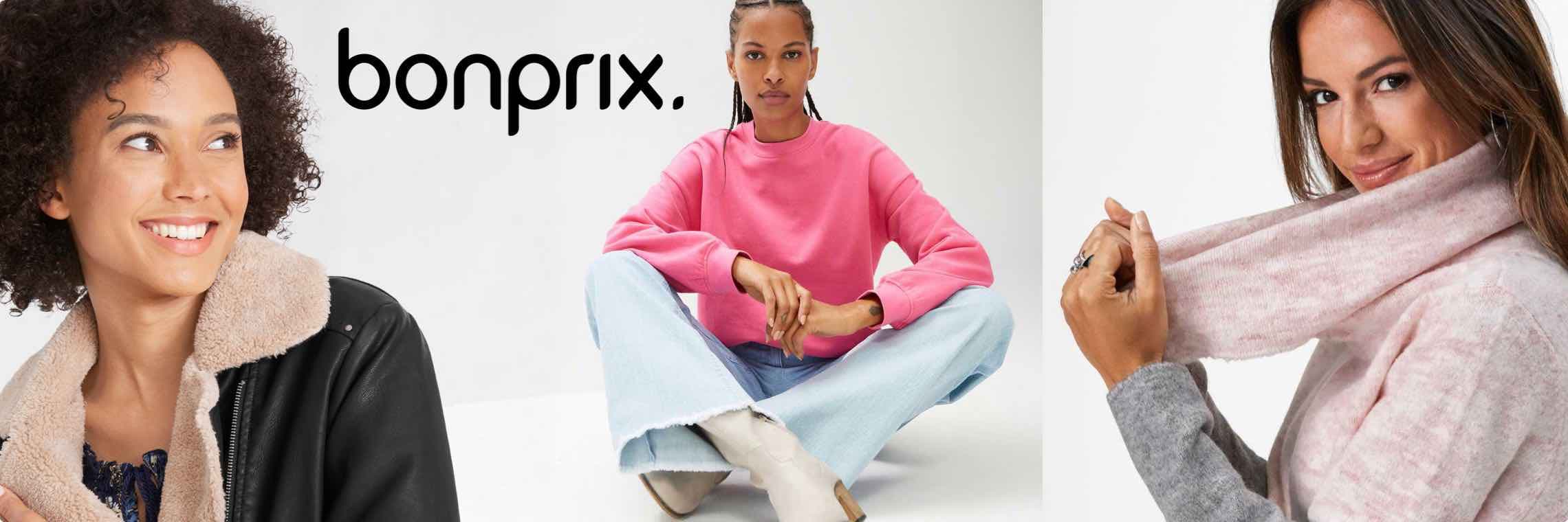Bonprix – Frau in schwarzer Jacke mit Fellkragen, Person in rosa Pullover und Jeans, Frau in rosa Pullover und Schal