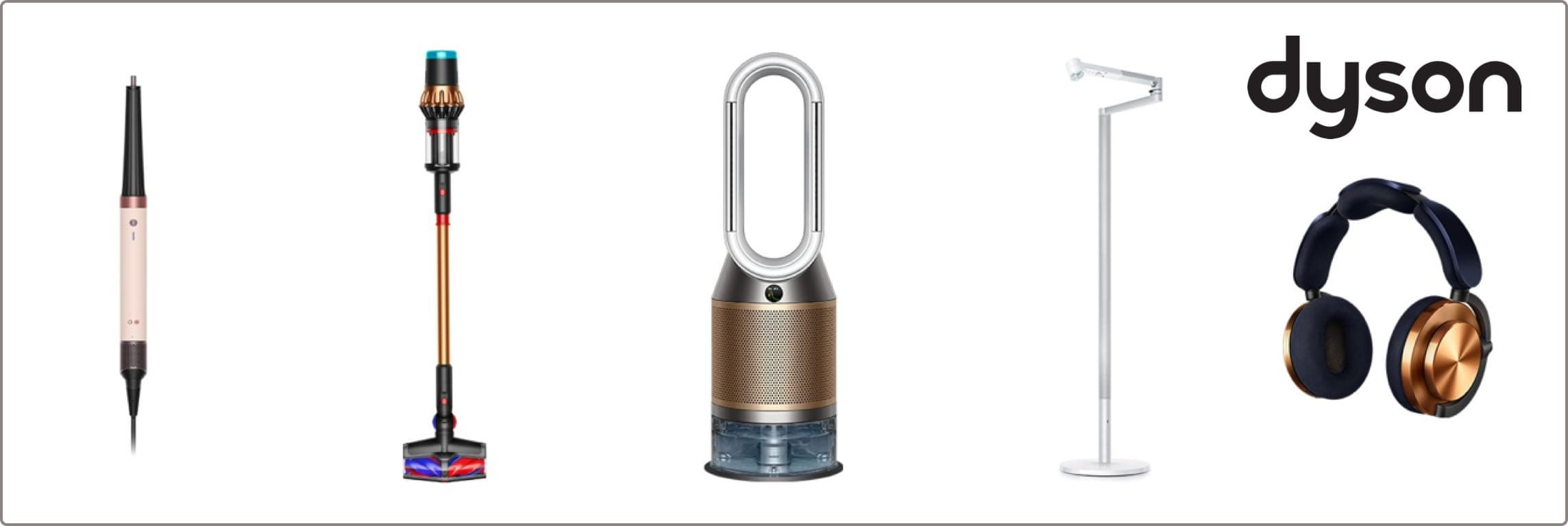 Dyson Logo – Haarstyler, kabelloser Staubsauger, Luftreiniger, Stehlampe, Kopfhörer in einer Reihe