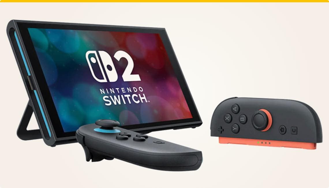 Nintendo Switch 2 – schwarzer Handheld mit blauem und orangefarbenem Controller vor weißem Hintergrund