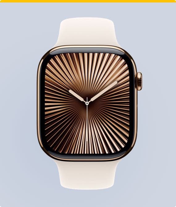 Smartwatch mit weißem Armband und einem Zifferblatt mit bronzefarbenem Strahlenmuster auf grauem Hintergrund